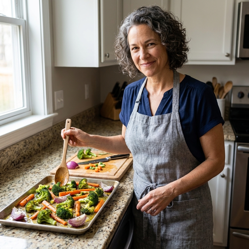 A baking sheet filled with roasted broccoli, carrots, and red onions next to a cutting board