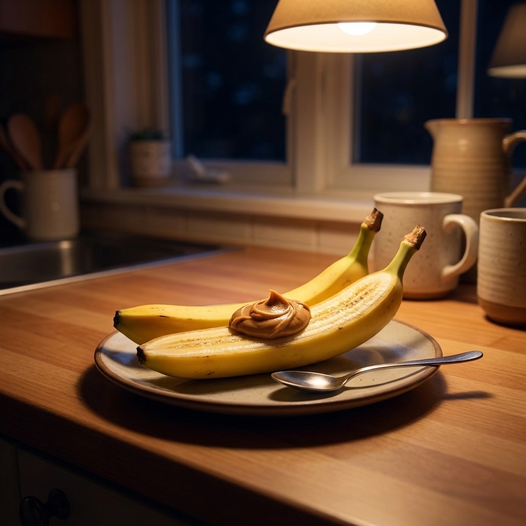A banana cut in half with a small spoonful of peanut butter on a plate on a kitchen counter at night
