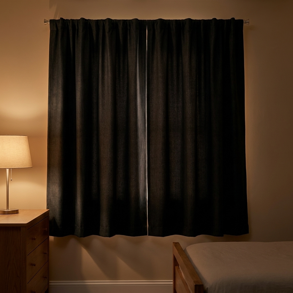 A bedroom window with blackout curtains fully closed, blocking streetlight glow from outside.