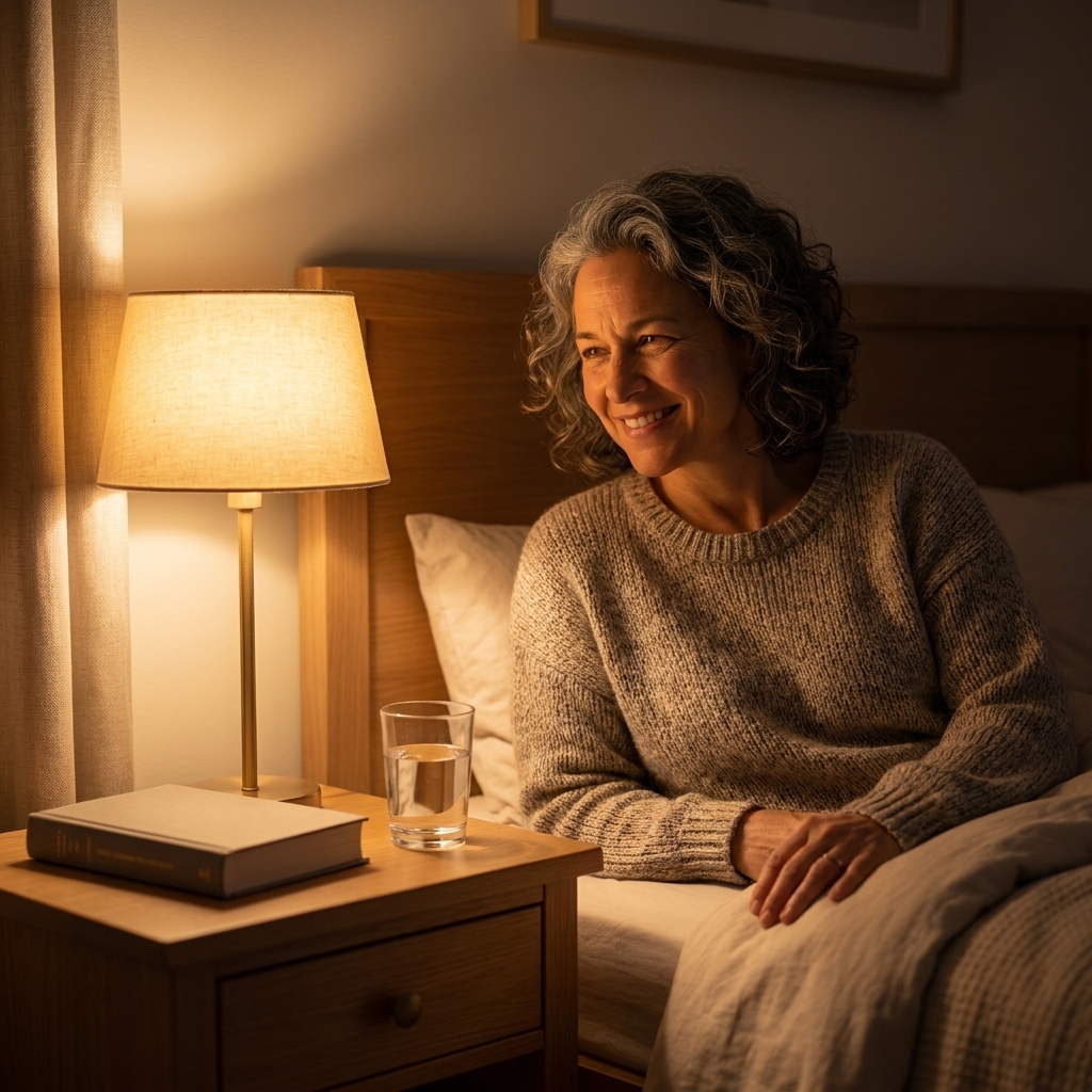 A bedside nightstand with a warm-glow lamp turned on next to a closed book and a glass of water, with the rest of the bedroom softly dim