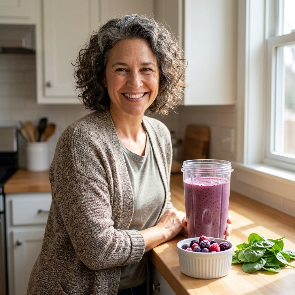 A blender cup filled with a thick berry protein smoothie beside a small bowl of frozen berries and a handful of fresh spinach on a kitchen counter