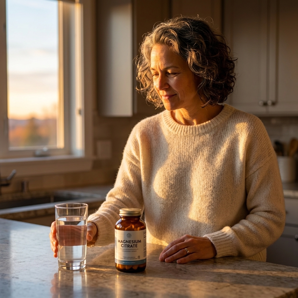 A bottle labeled magnesium citrate sitting on a kitchen counter next to a full glass of water in evening light