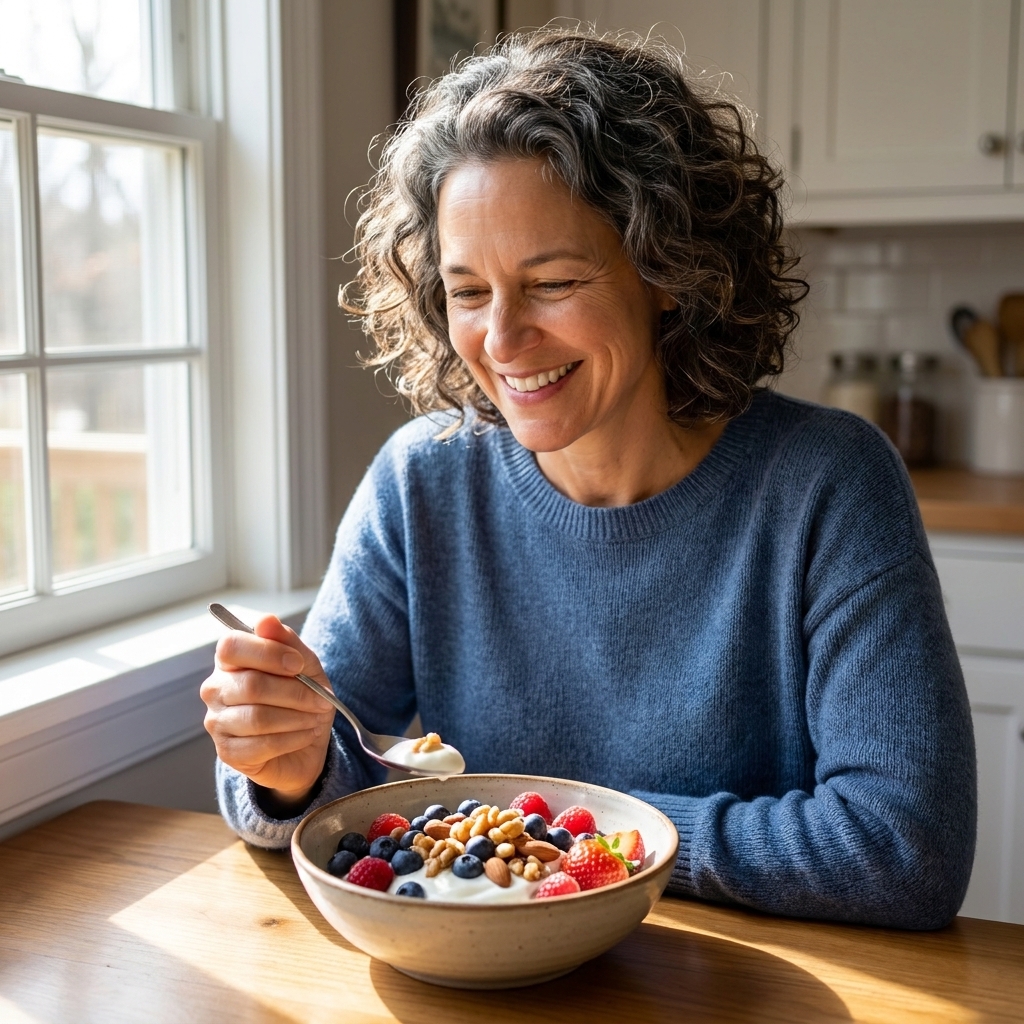 A bowl of Greek yogurt topped with berries and nuts on a kitchen table near a sunlit window