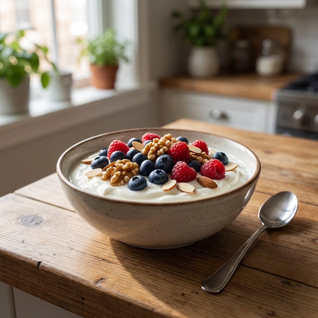 A bowl of Greek yogurt topped with berries and nuts on a kitchen counter next to a spoon, lit by natural window light.
