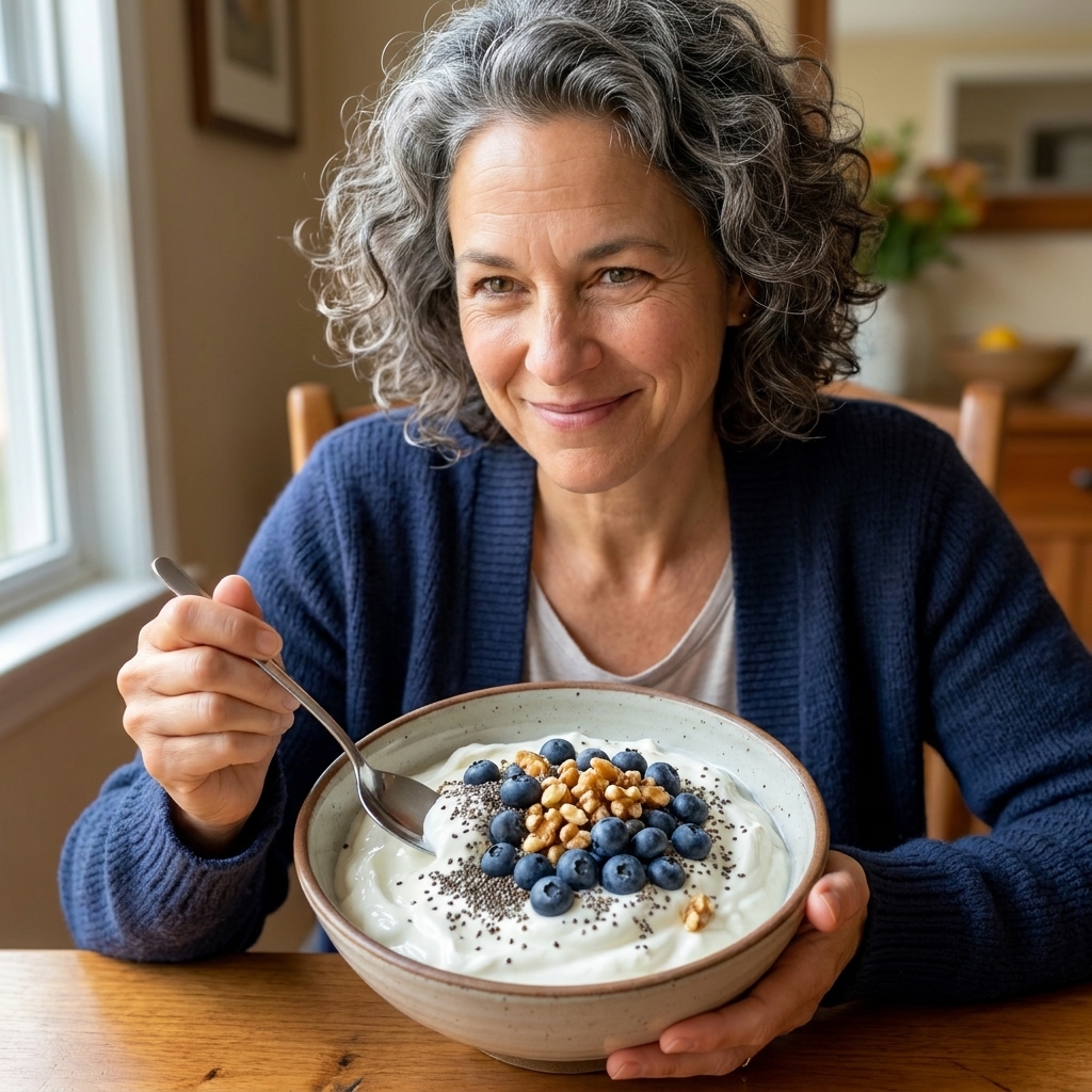 A bowl of Greek yogurt topped with blueberries, chia seeds, and walnuts on a table