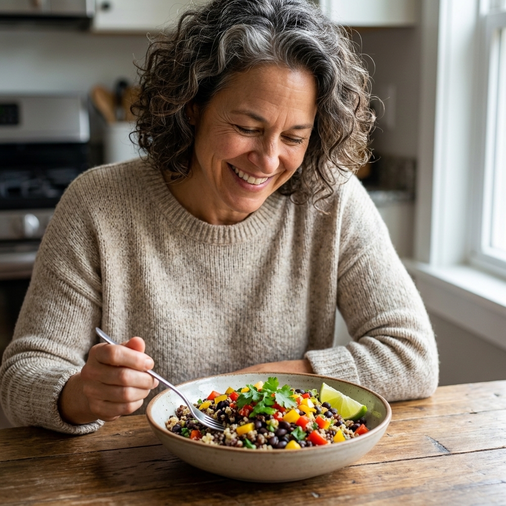 A bowl of black bean and quinoa salad with chopped peppers, cilantro, and lime wedges on a wooden table