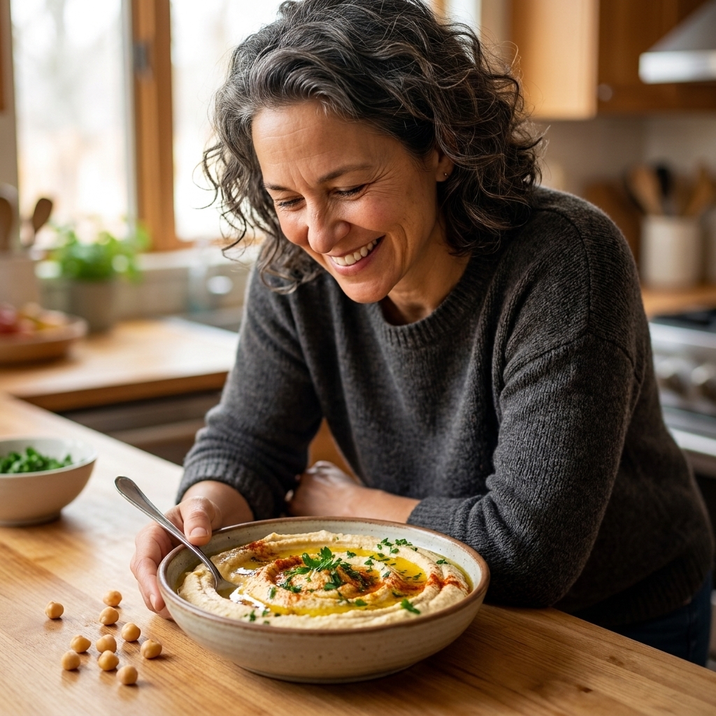 A bowl of creamy hummus drizzled with olive oil on a kitchen counter with a few chickpeas and a spoon nearby