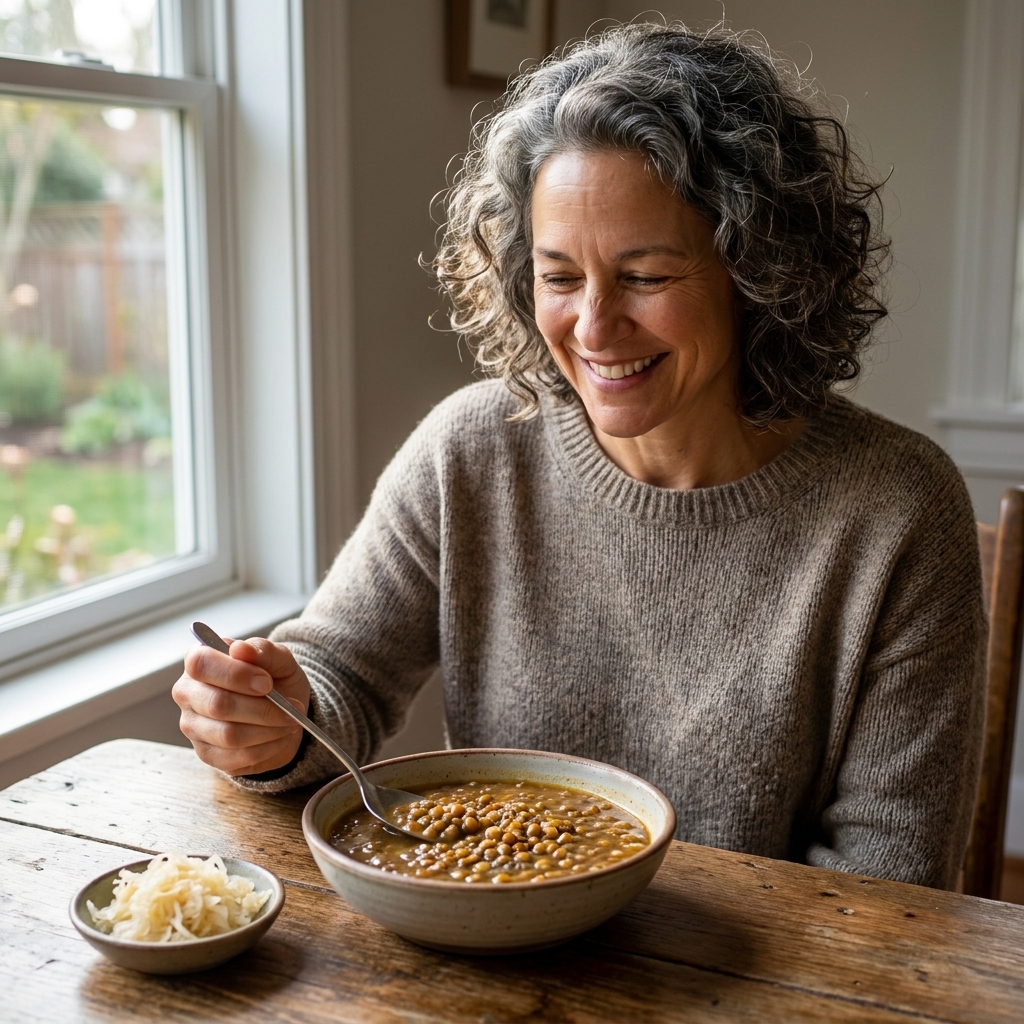 A bowl of lentil soup on a table with a small side dish of sauerkraut and a spoon, natural window light