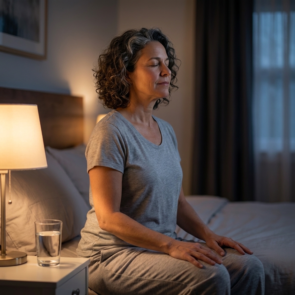 A calm bedroom scene with a lit bedside lamp, a glass of water on the nightstand, and a person sitting on the edge of the bed practicing slow breathing