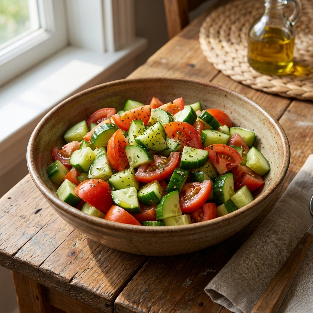 A ceramic bowl filled with cucumber and tomato salad on a wooden table in natural light