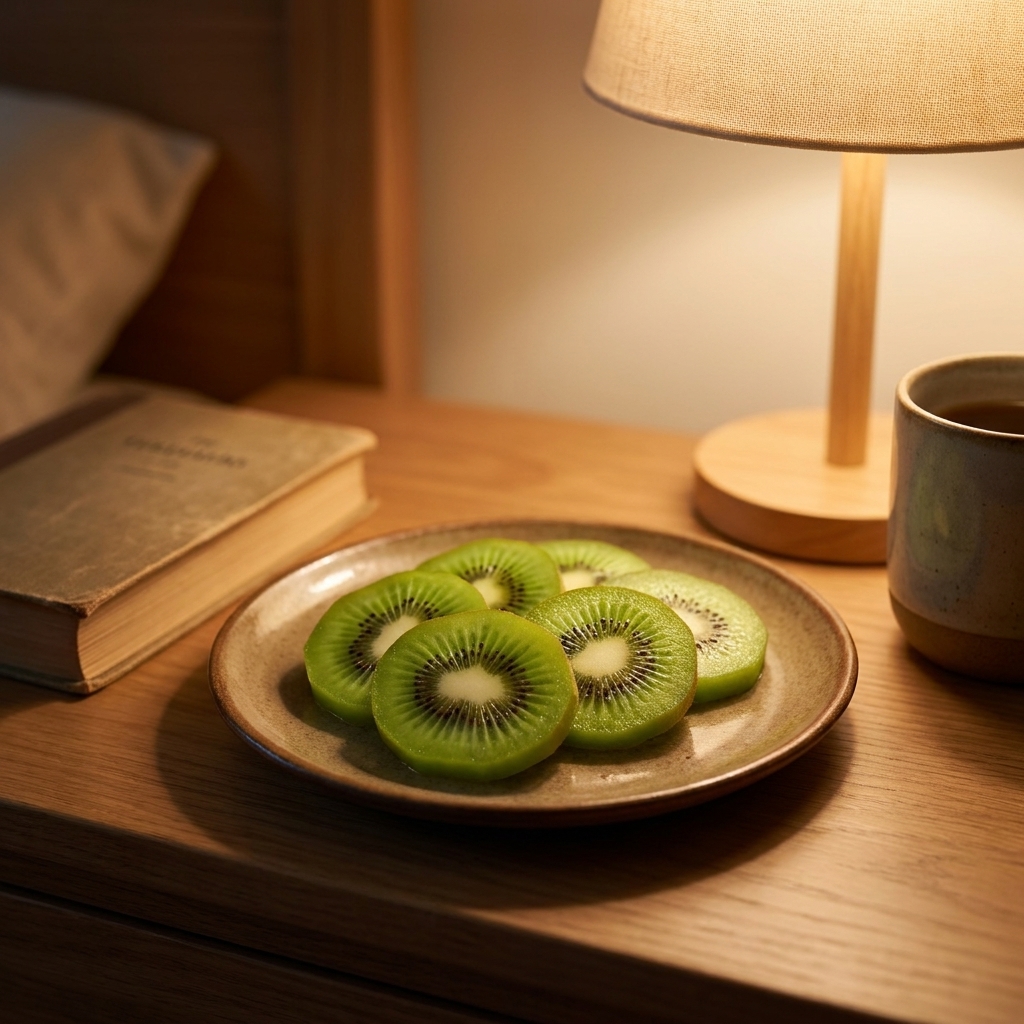 A close-up photo of sliced green kiwi arranged on a small ceramic plate on a bedside table with a reading lamp glowing