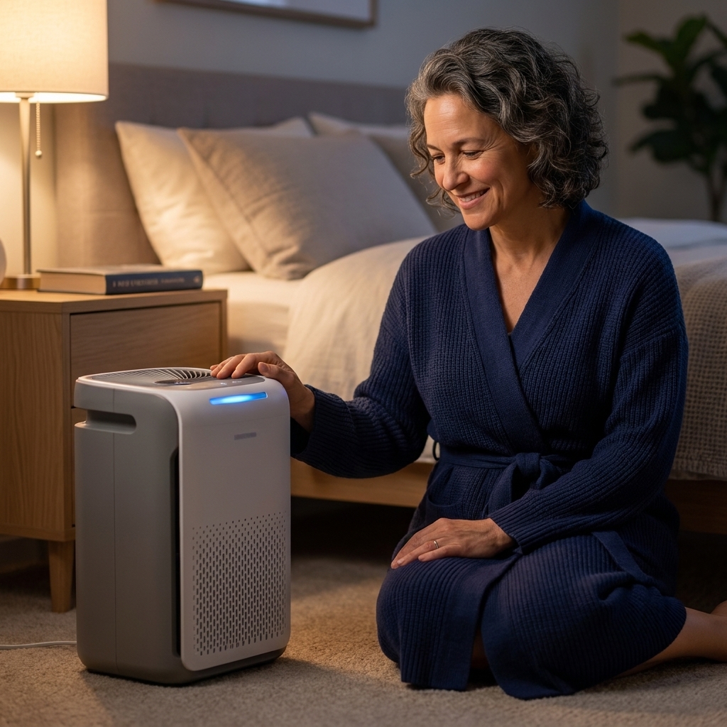 A compact HEPA air purifier running on the floor beside a bed in softly lit evening light.