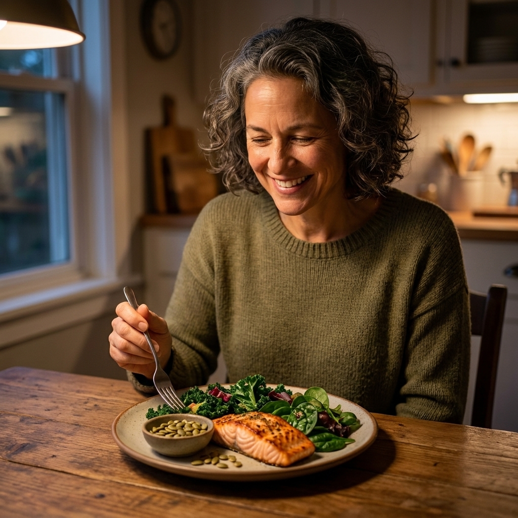 A dinner plate with leafy greens, roasted salmon, and a small bowl of pumpkin seeds on a wooden table under warm evening lighting