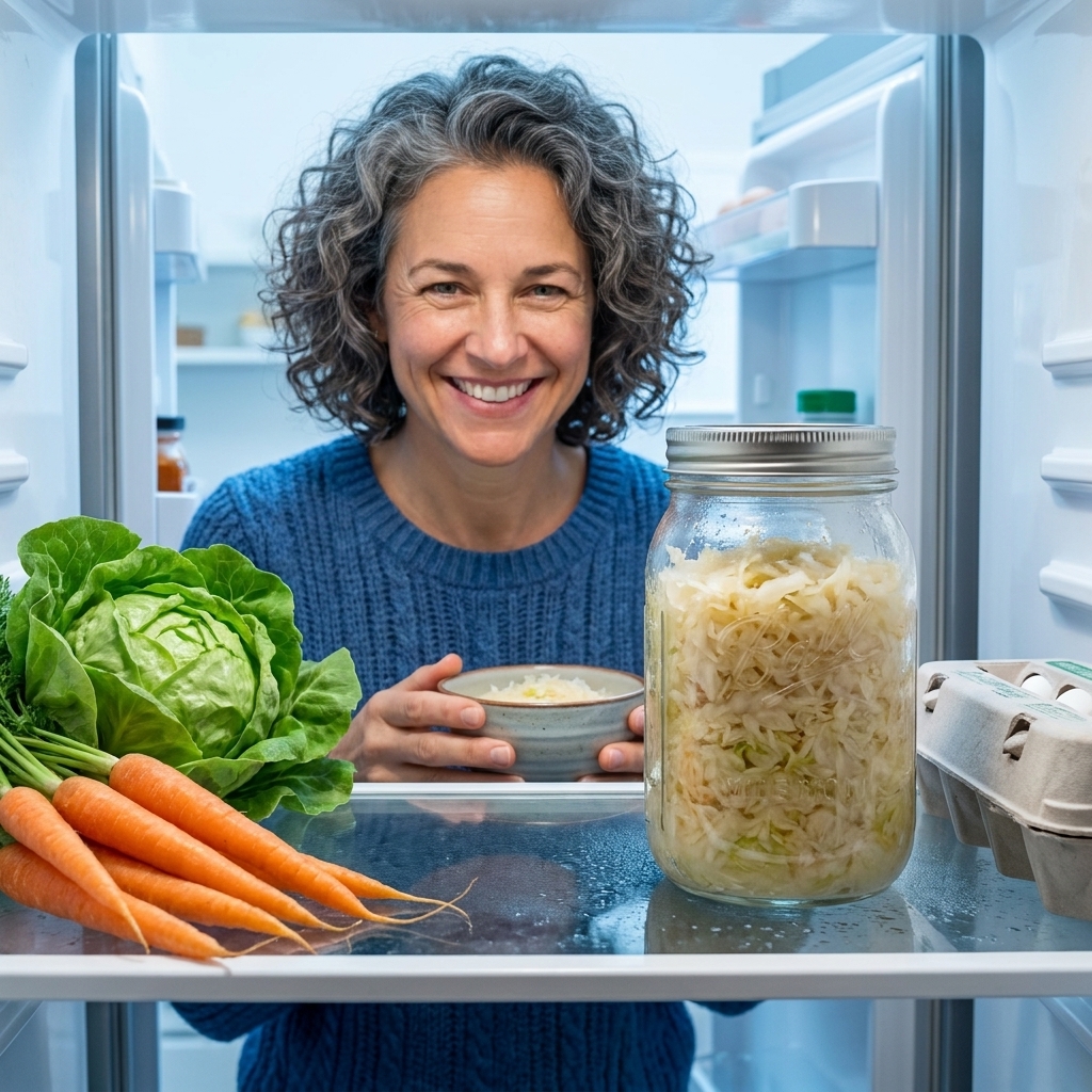 A glass jar of raw sauerkraut with a metal lid sitting on a refrigerator shelf next to other fresh foods