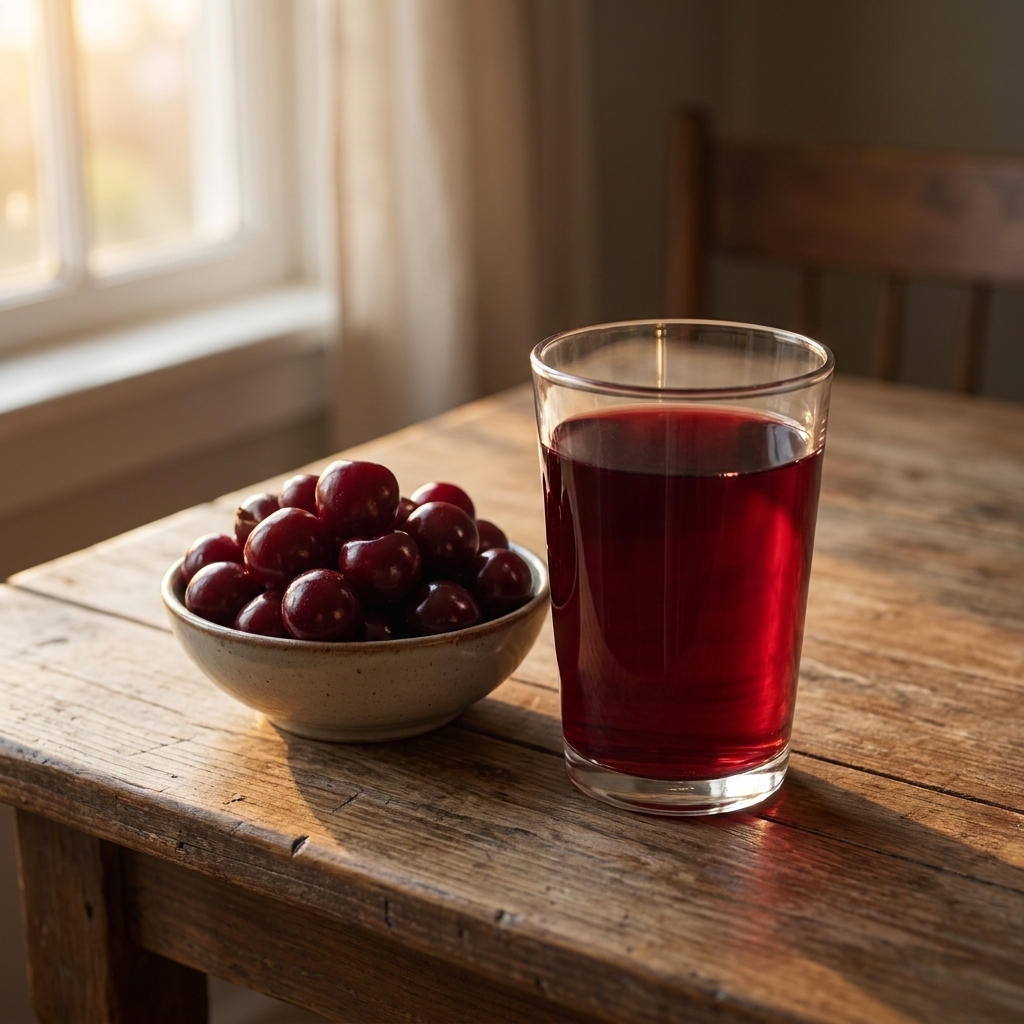 A glass of deep red tart cherry juice on a wooden kitchen table beside a small bowl of cherries in soft evening light