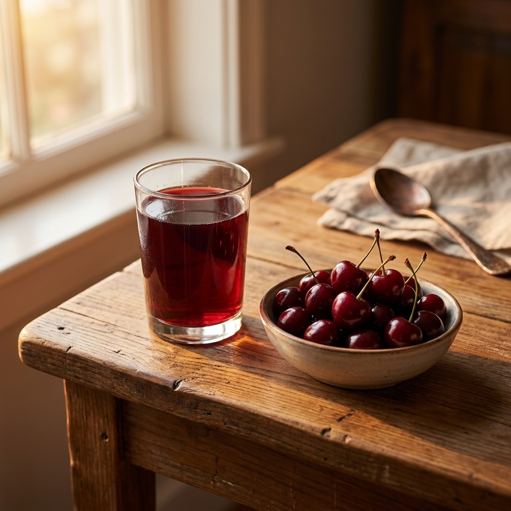 A glass of tart cherry juice on a wooden kitchen counter beside a small bowl of fresh tart cherries in warm evening light