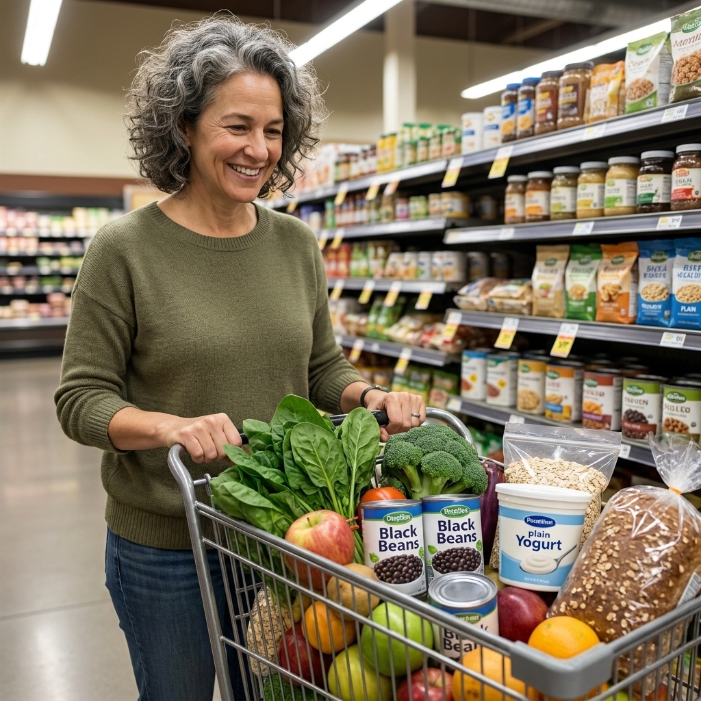 A grocery cart in a supermarket aisle filled with fresh vegetables, fruit, canned beans, plain yogurt, oats, and whole-grain bread