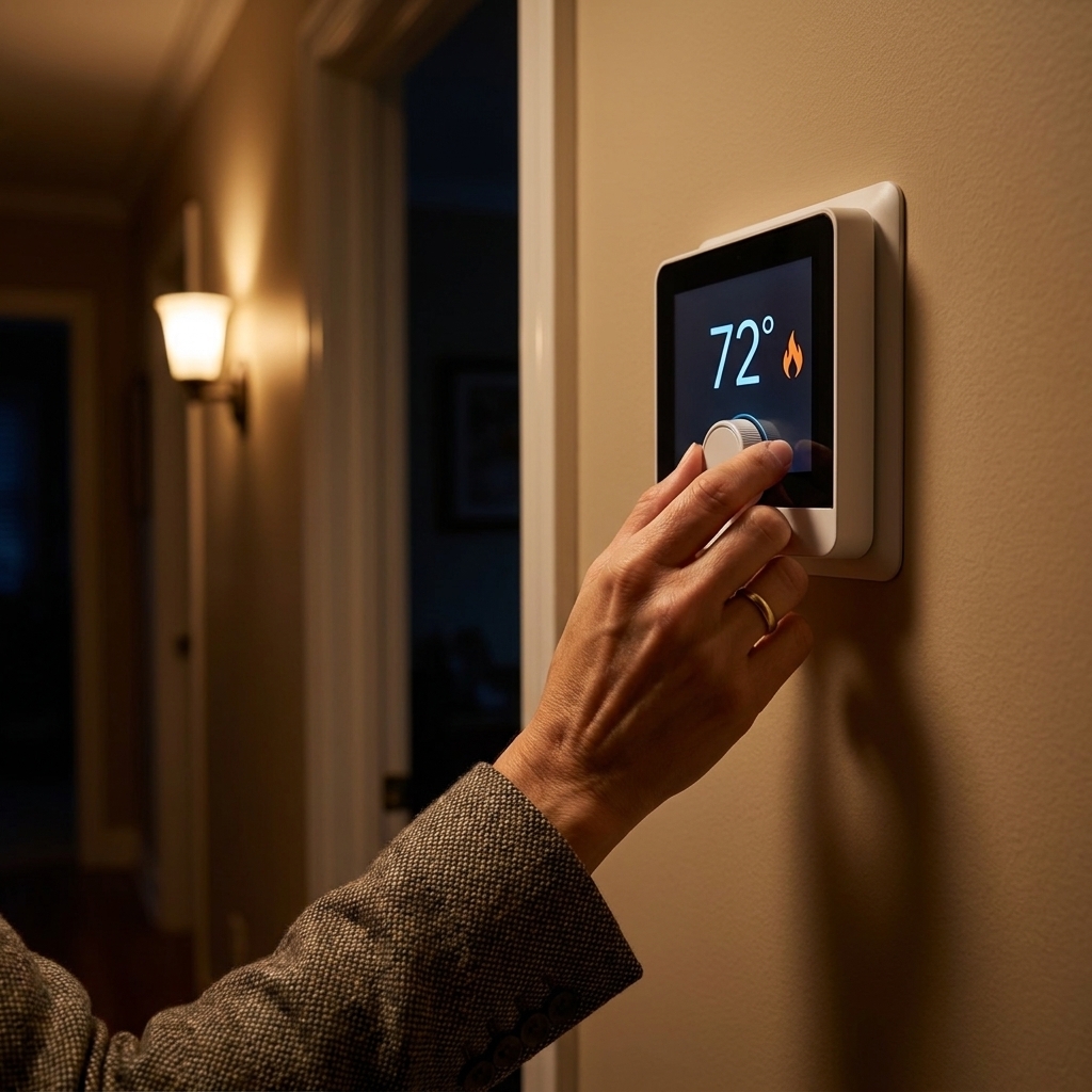 A hand adjusting a home thermostat in a softly lit hallway at night.