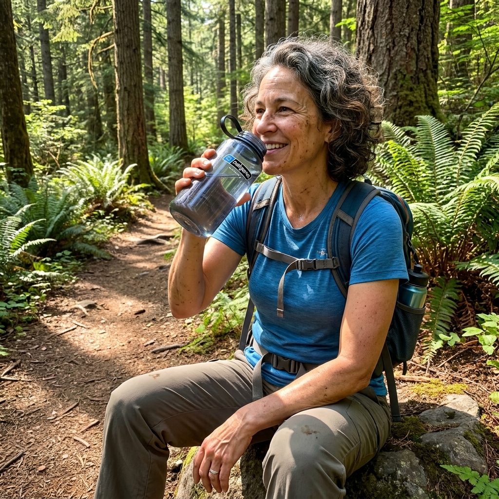 A hiker taking a drink from a water bottle on a sunny forest trail during a mid-hike break