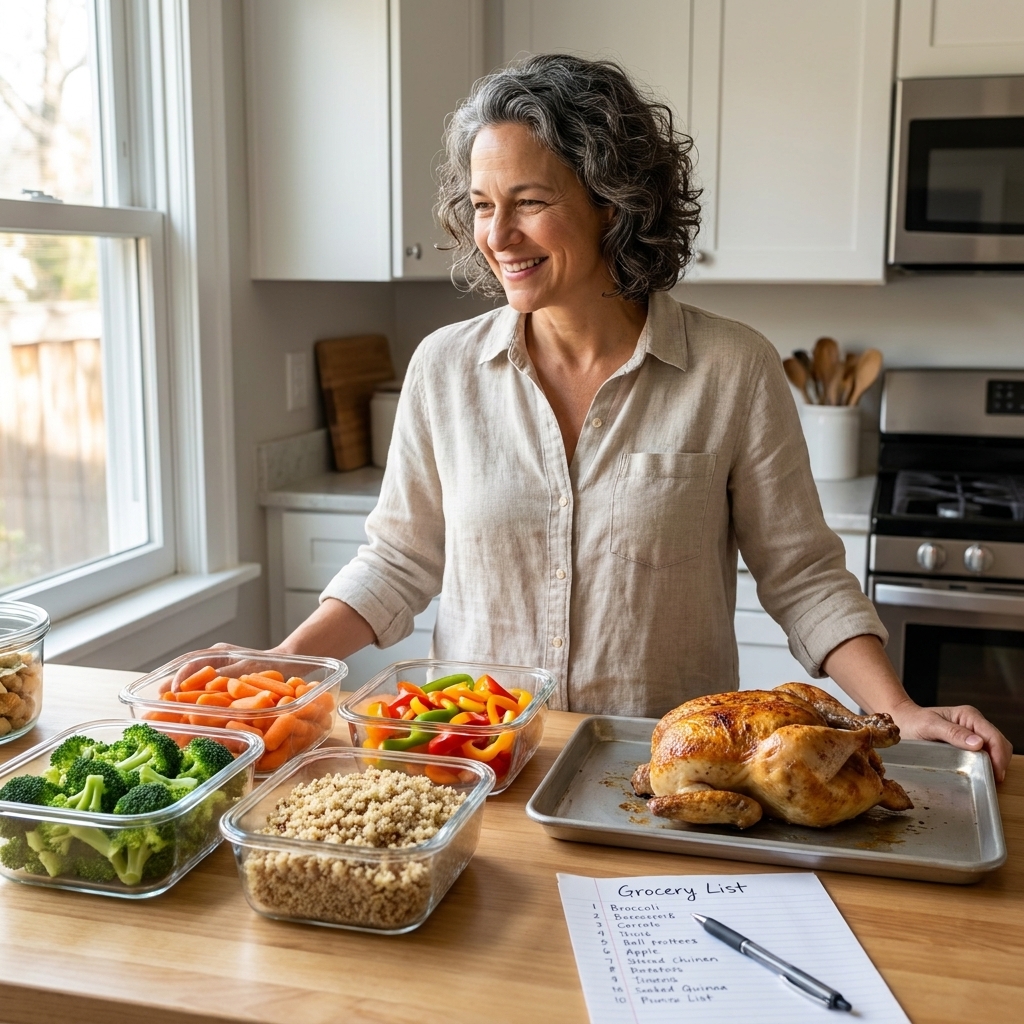 A home kitchen counter on a Sunday afternoon with glass containers of chopped vegetables, cooked grains, and a sheet pan of roasted chicken cooling beside a grocery list