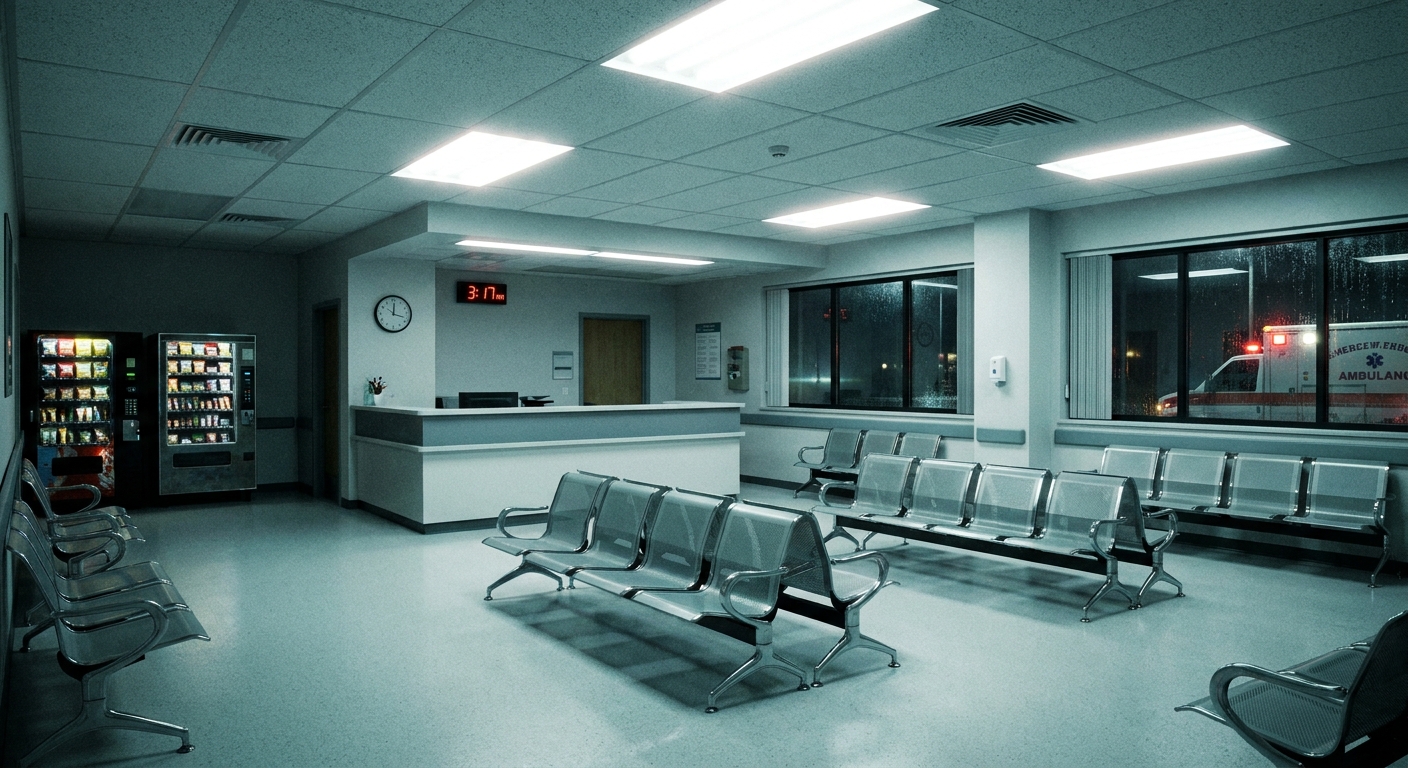 A hospital emergency department waiting area at night with empty chairs and bright clinical lighting