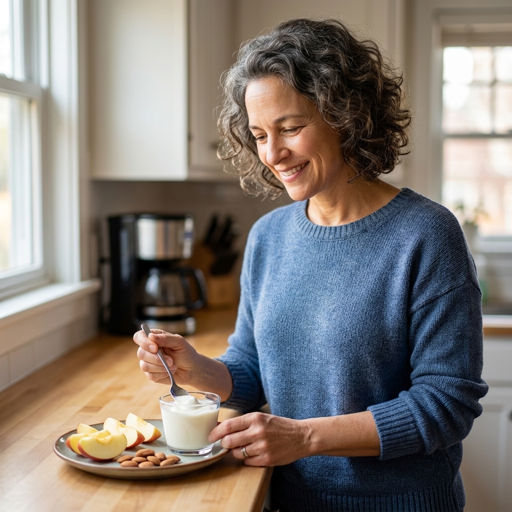 A kitchen counter with a small plate holding apple slices and a handful of almonds next to a cup of yogurt, set up as a simple planned snack in natural daylight