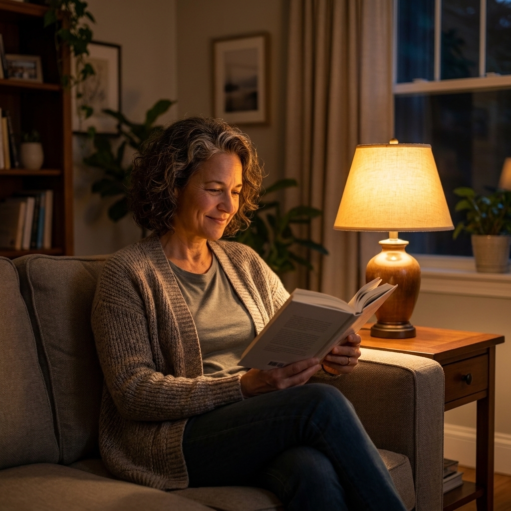 A living room in the evening lit by a table lamp, with a person reading on a sofa