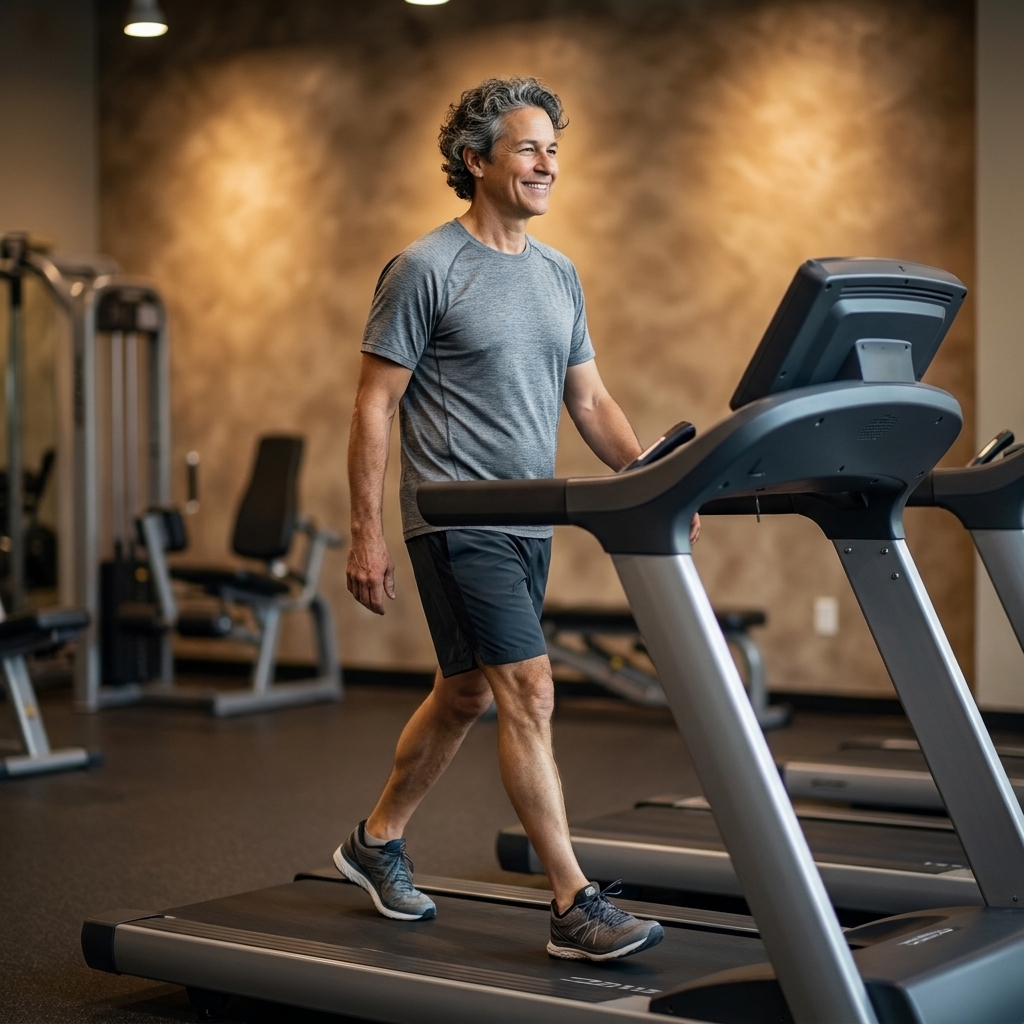 A man walking on a treadmill at an incline in a quiet gym, breathing comfortably and holding a relaxed posture