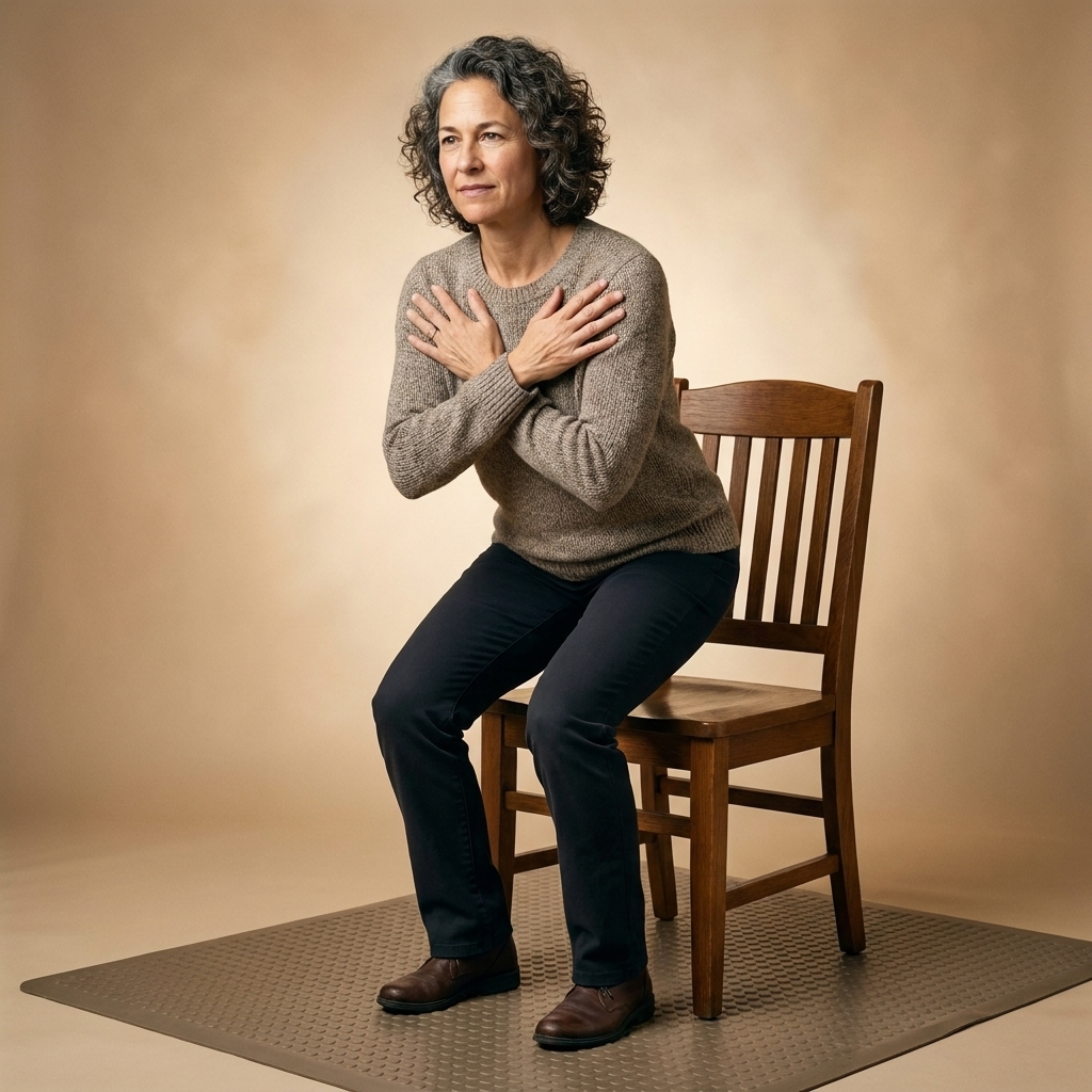 A middle-aged adult rising from a chair with feet hip-width apart, arms crossed over the chest, and a sturdy chair positioned on a non-slip floor
