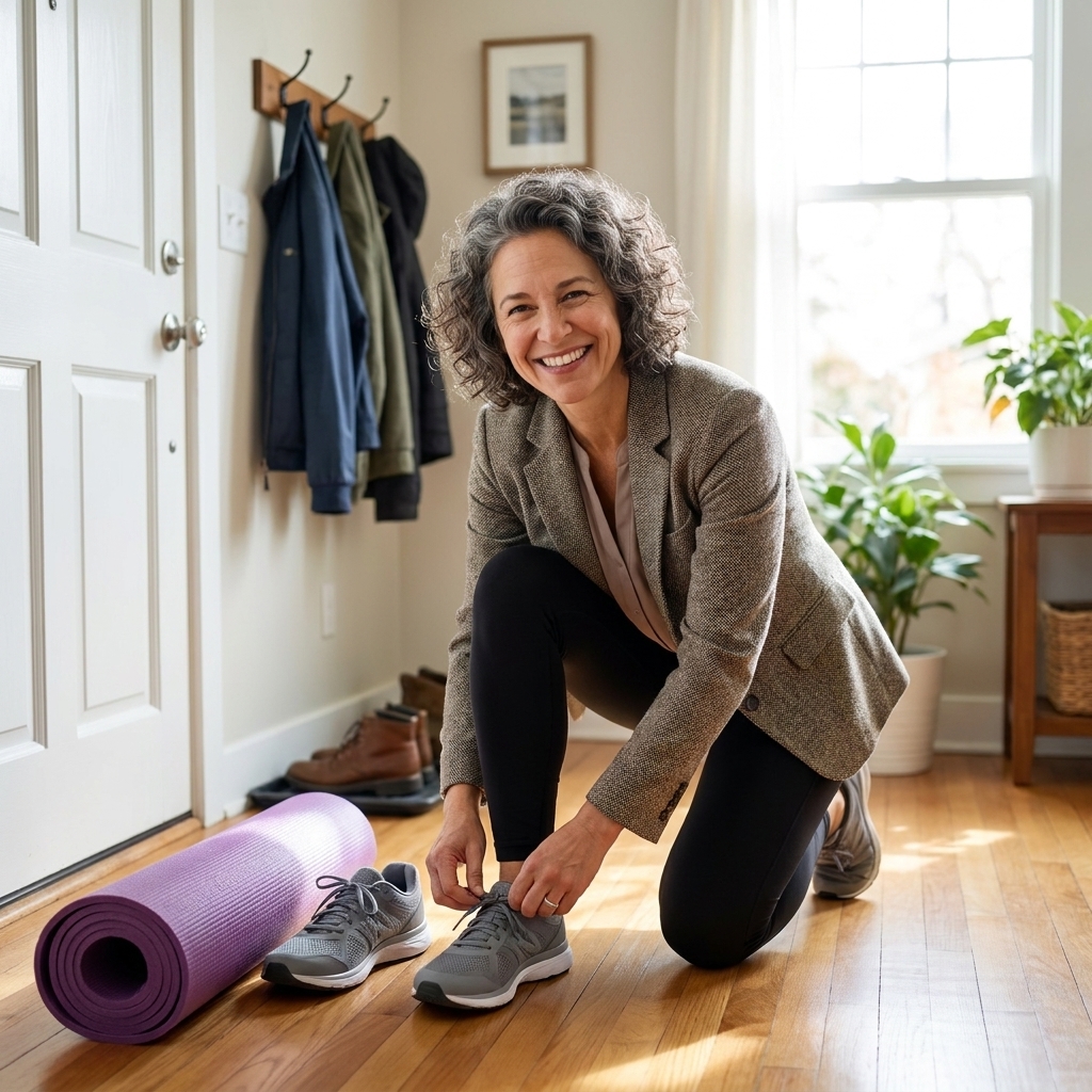A pair of athletic shoes and a yoga mat set neatly by a front door in a bright, lived-in home, ready for a quick workout