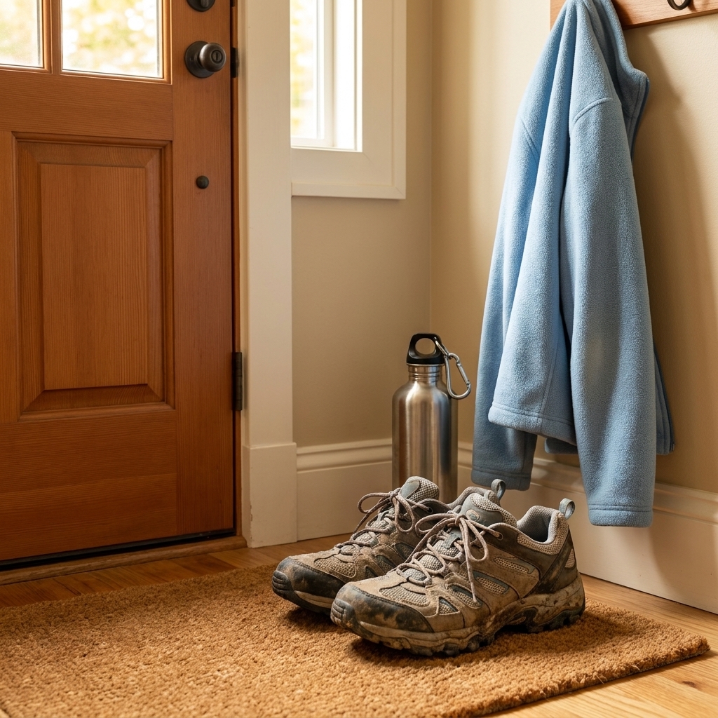 A pair of walking shoes placed beside a front door with a reusable water bottle and a light jacket nearby.