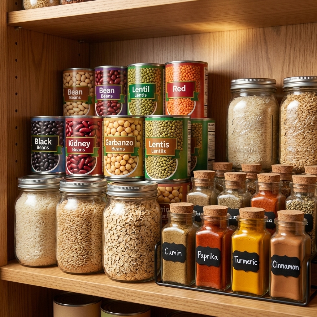 A pantry shelf with canned beans, lentils, rice, oats, and spices arranged neatly