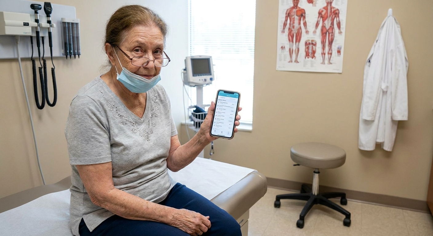 A patient holding a smartphone with health notes while sitting in a medical clinic exam room