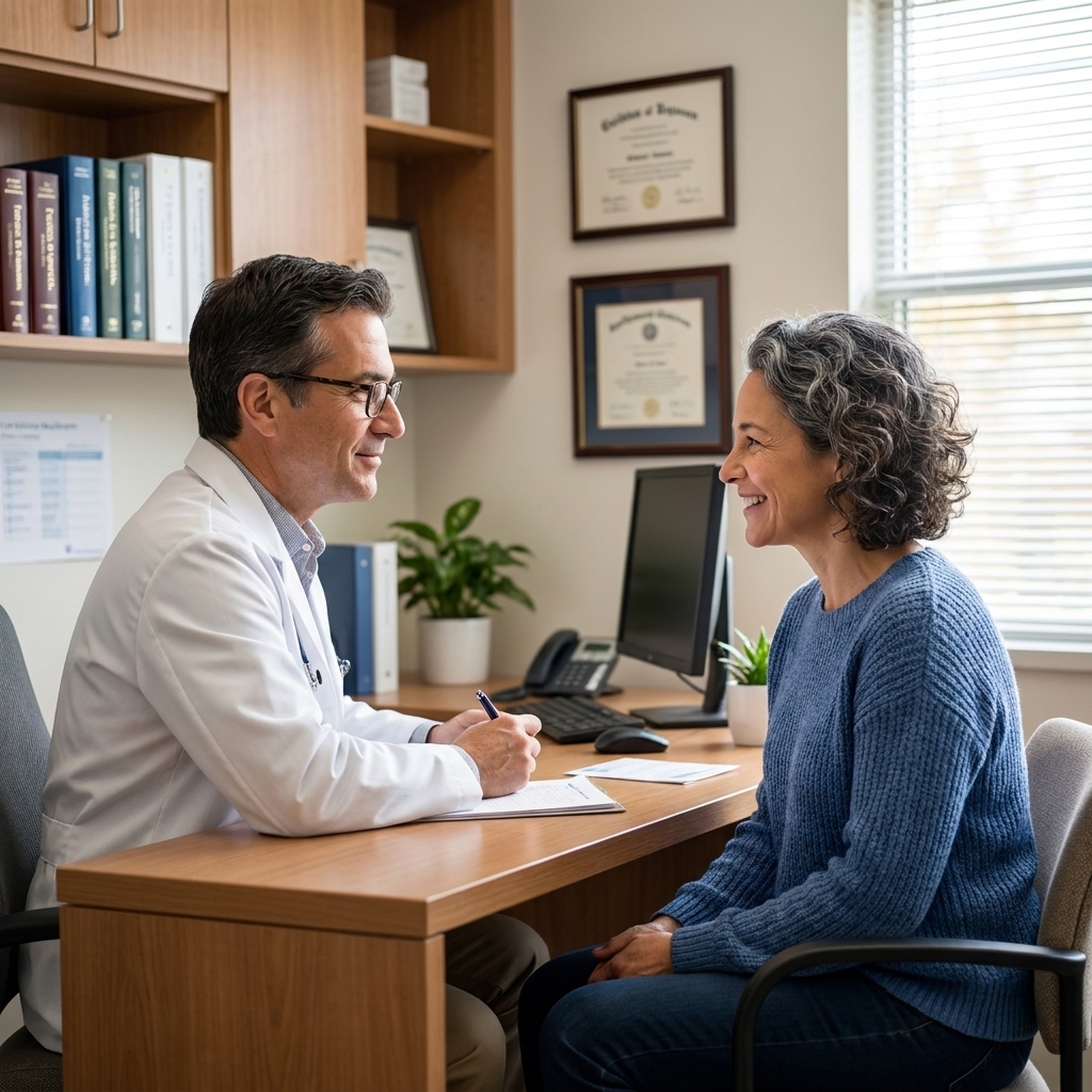 A patient sitting in a medical office talking with a healthcare professional at a desk, calm and supportive atmosphere