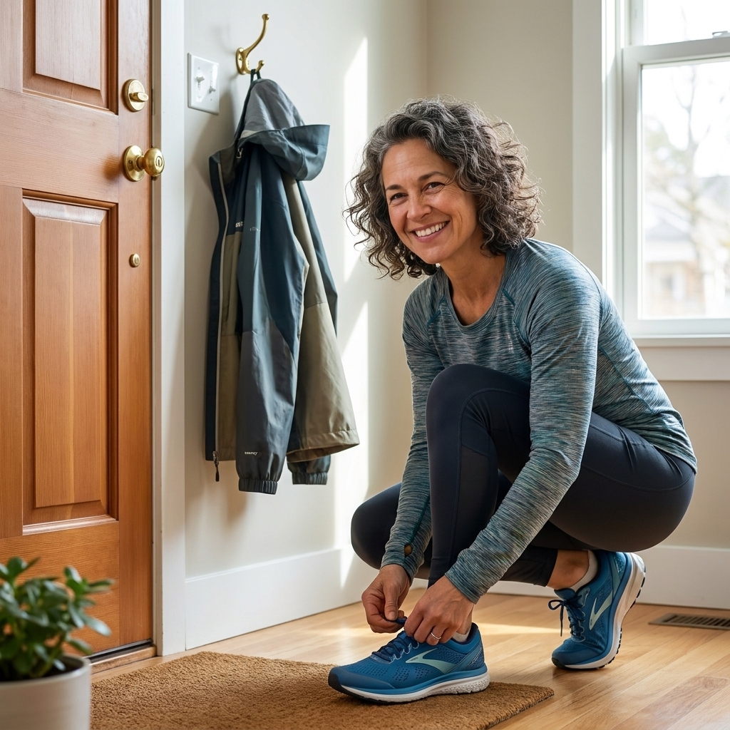 A person crouching near a front door tying running shoes, with a jacket hanging on a hook nearby.