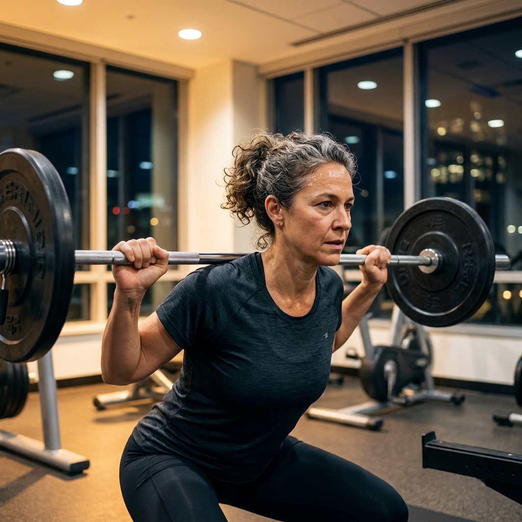 A person doing a barbell squat in a well-lit gym during the evening, with weight plates visible and a focused posture