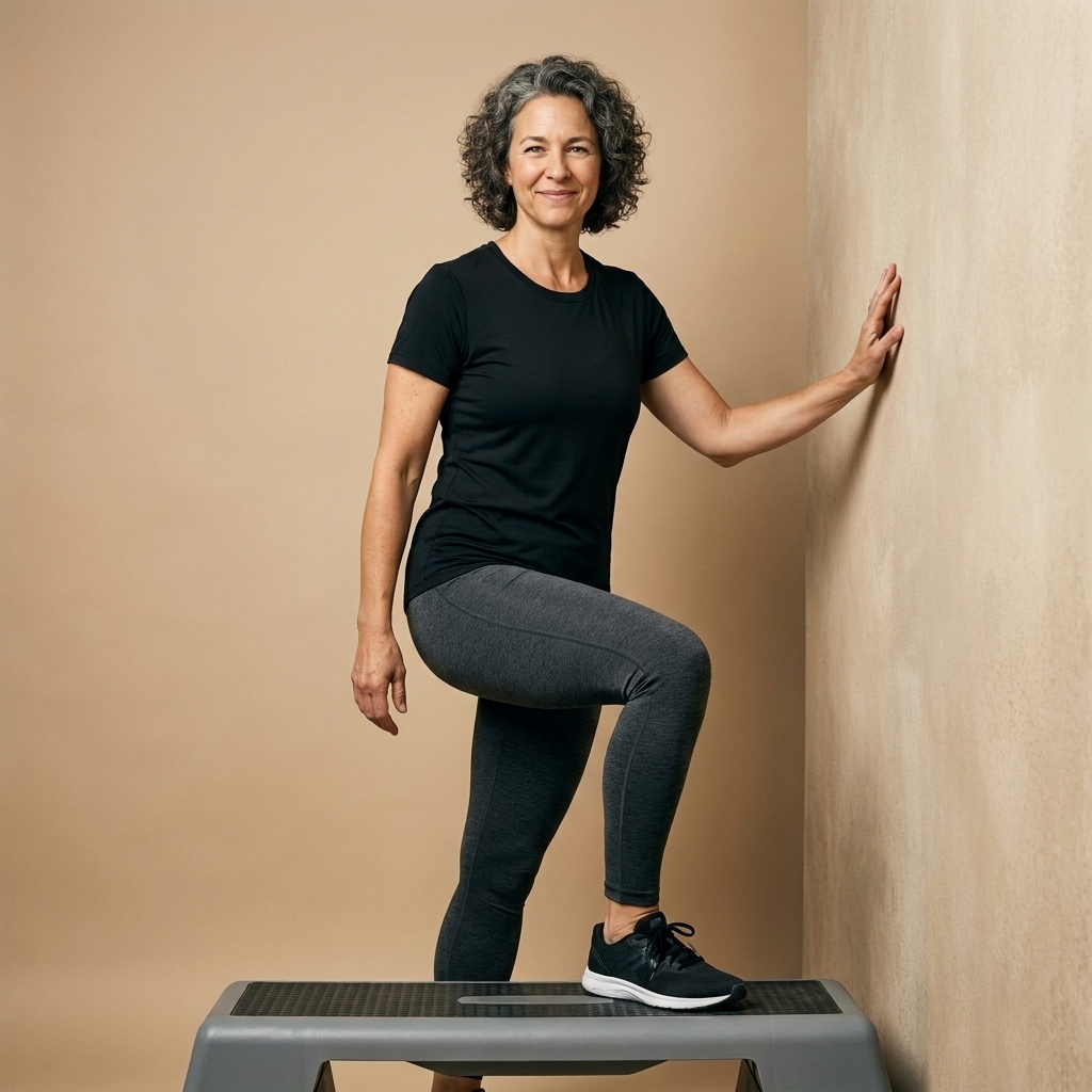 A person doing a controlled step-up onto a low aerobic step near a wall for support, with the knee tracking over the toes