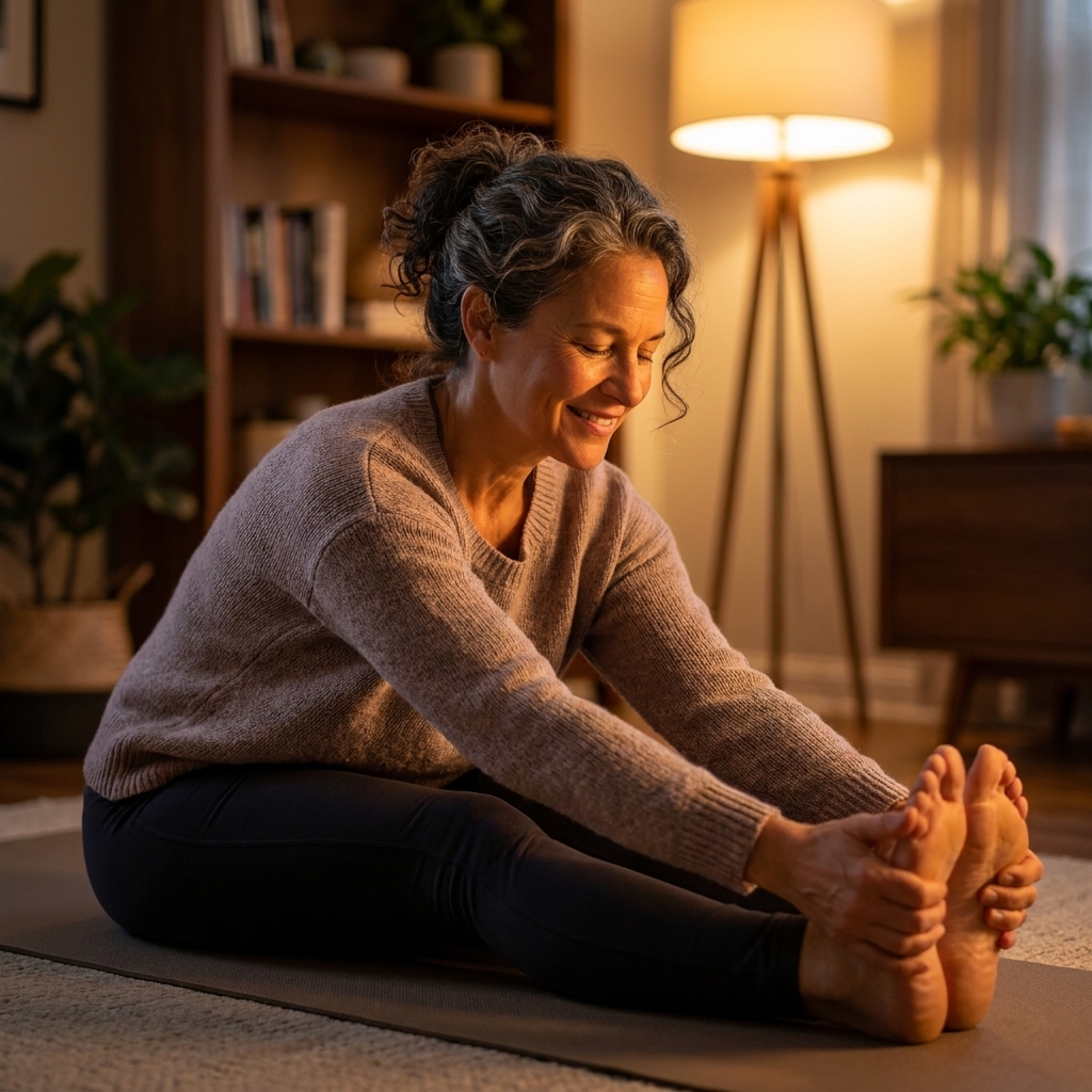 A person doing a gentle yoga stretch on a mat in a dim, calm living room with warm lamp light