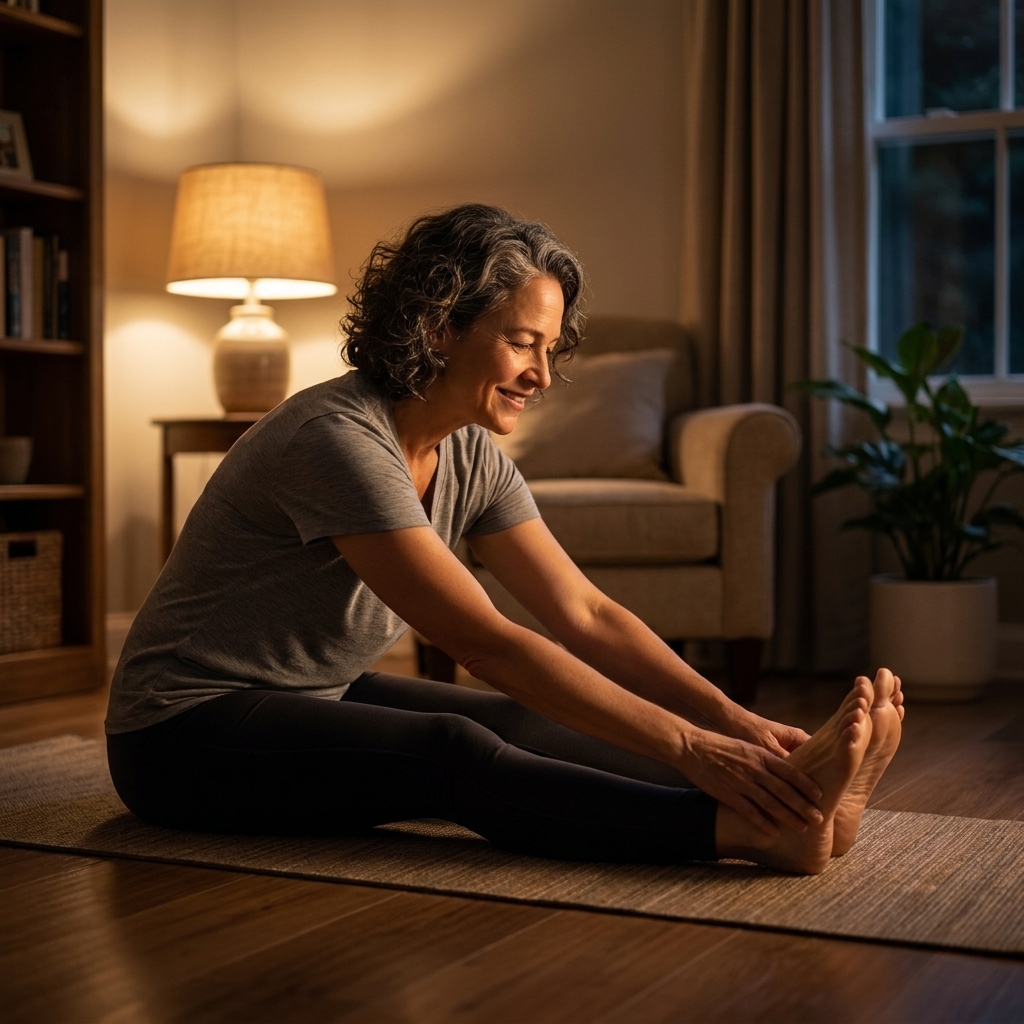 A person doing gentle floor stretching on a yoga mat in a quiet living room with dim lamp light