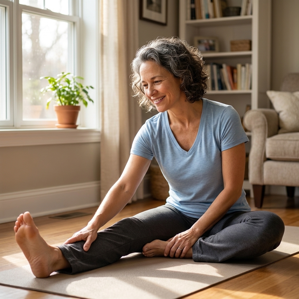 A person doing gentle hamstring stretching on a yoga mat in a quiet living room with natural window light and a relaxed facial expression