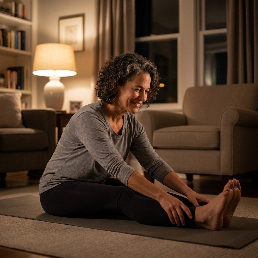 A person doing gentle yoga stretches on a mat in a quiet living room at night with warm lamplight