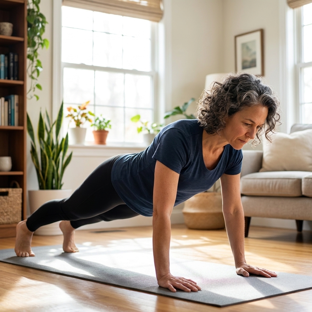 A person exercising at home in a bright living room performing a strict push-up with a straight body line from head to heels and hands under shoulders