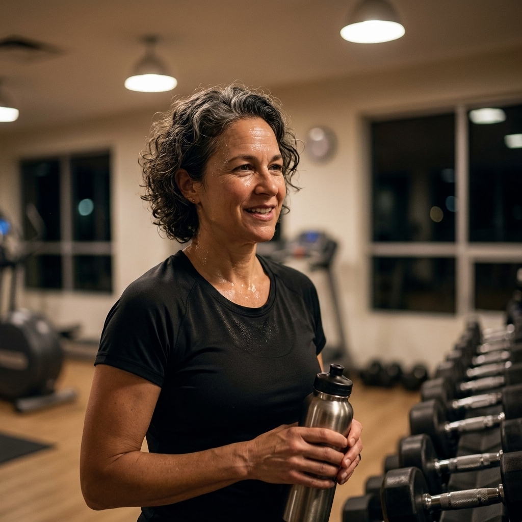 A person finishing a strength training session in a softly lit gym in the evening, holding a water bottle near a rack of dumbbells