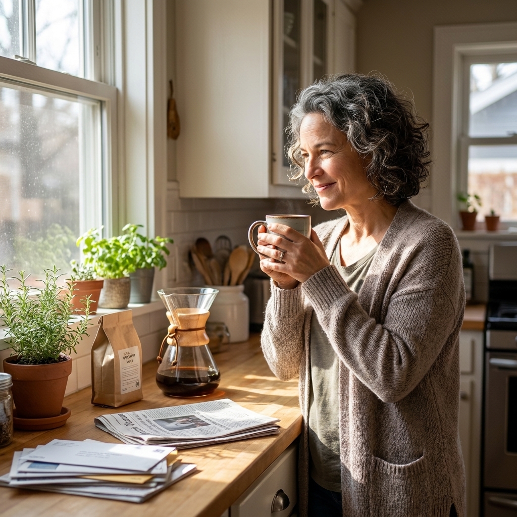 A person holding a mug of coffee in a sunlit kitchen with comfortable everyday clutter, suggesting a simple morning routine