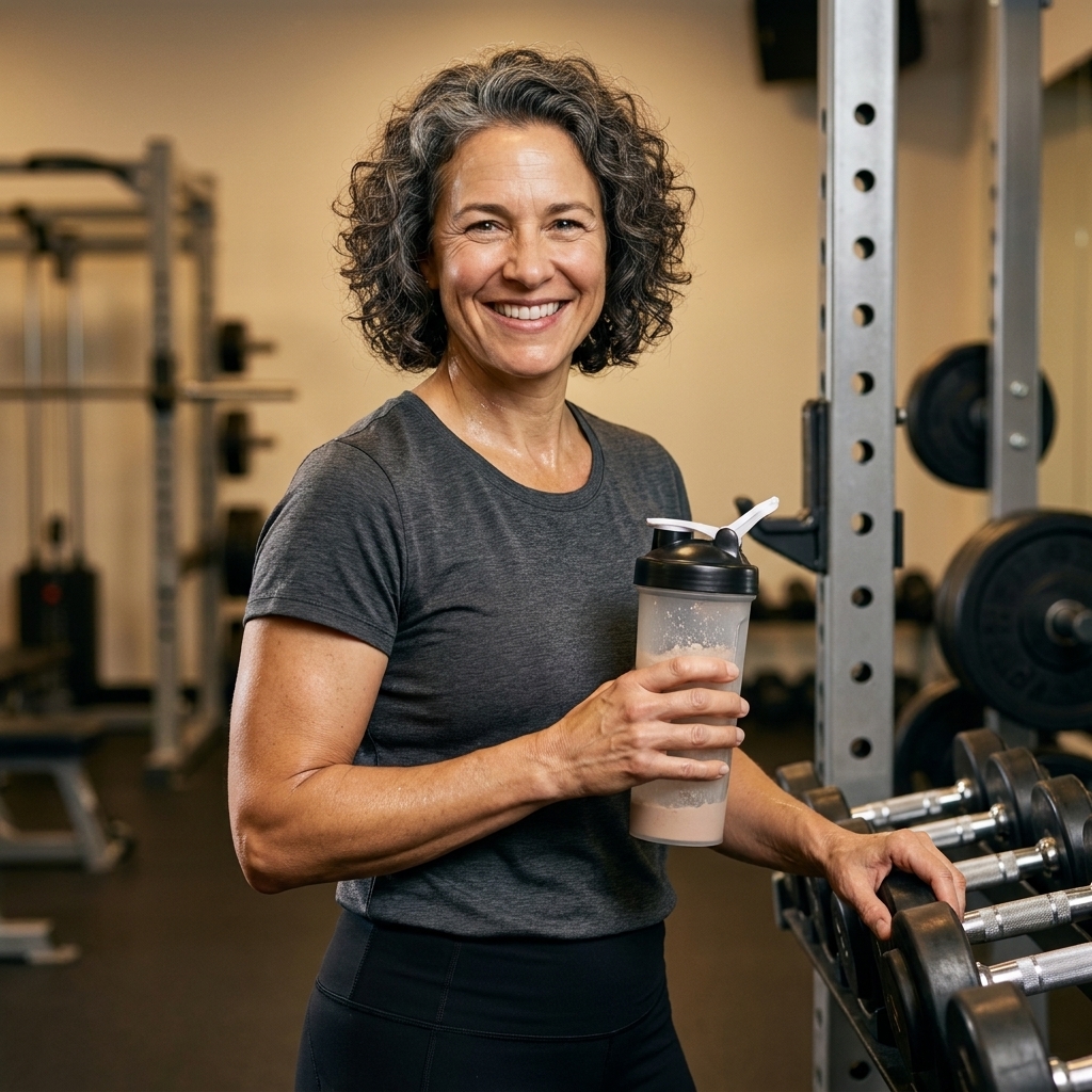 A person holding a shaker bottle near a weight rack in a gym between sets