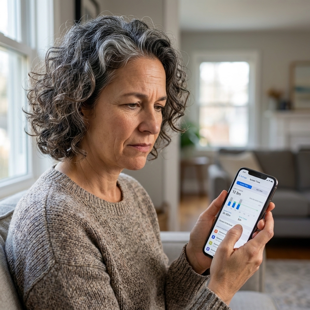 A person holding a smartphone while viewing the screen time settings page in natural indoor light