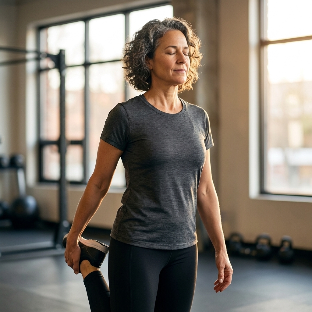 A person holding a standing quadriceps stretch after a workout, breathing calmly