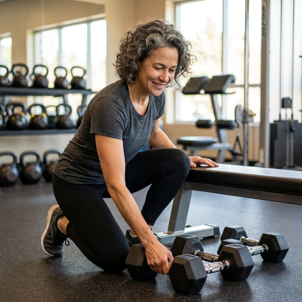 A person in a gym setting up dumbbells next to a bench for a full-body strength workout, with kettlebells and racks blurred in the background