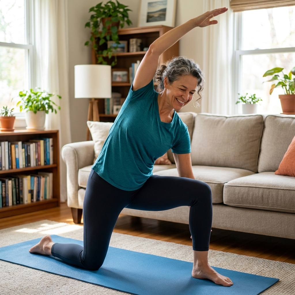 A person in a half-kneeling lunge position on a yoga mat, gently tucking the pelvis and reaching one arm overhead in a living room
