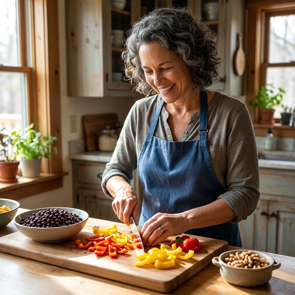 A person in a home kitchen chopping colorful vegetables next to a bowl of beans and a small dish of nuts on a wooden cutting board